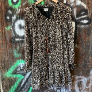 Long Sleeve Split Round Neck Animal Print Flounce Ruffle Hem Tiered Dress - OBO